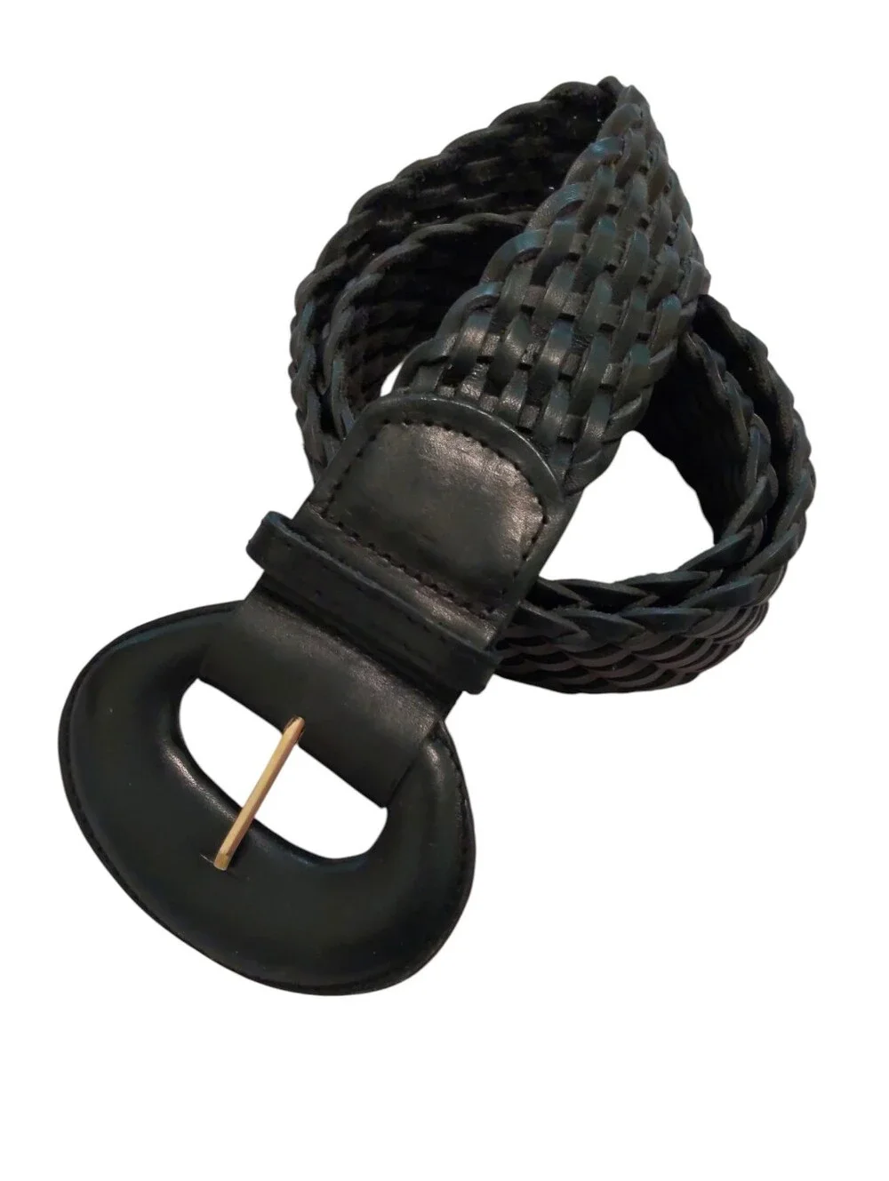 Women's 80s Vintage Black Braided Leather Belt with Rounded Buckle